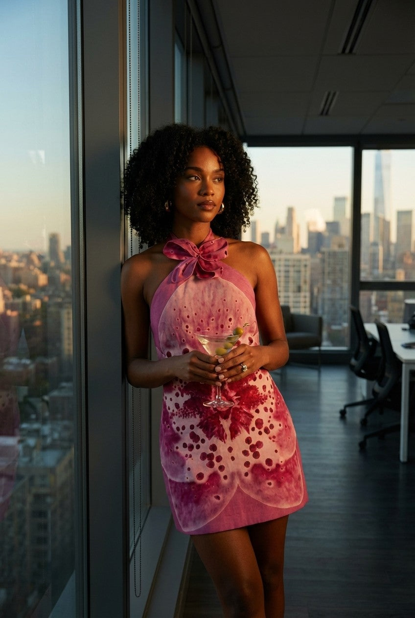 Linen Blend Orchid Print Halter Mini Dress with Floral Detail