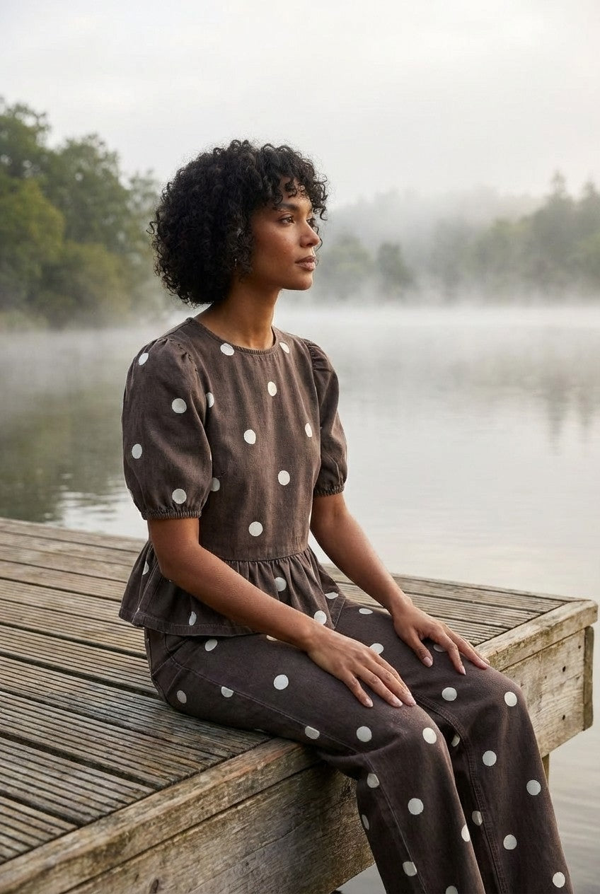 Women's Polka Dot Peplum Blouse and Wide Leg Pants Set