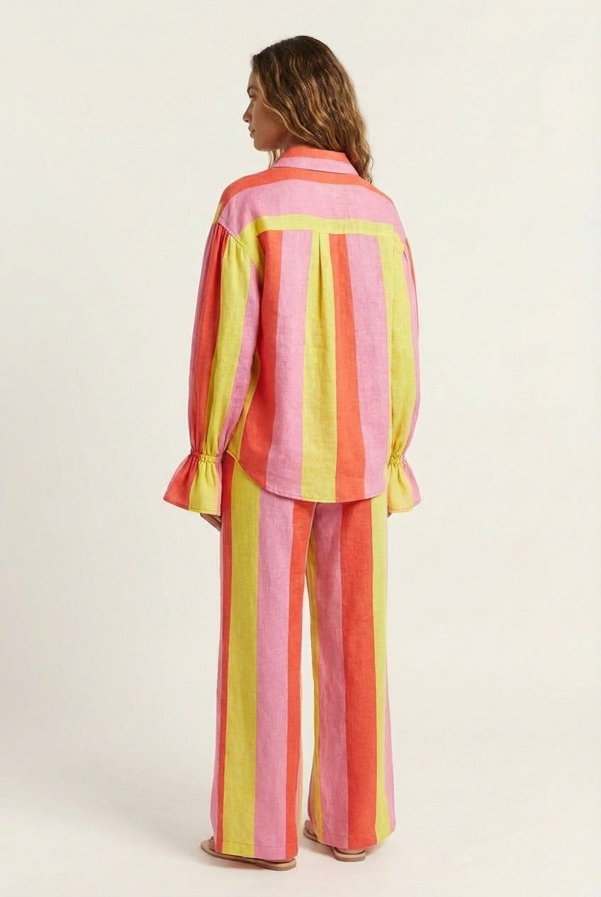 Striped Linen Shirt and Wide Leg Pants Set Relaxed Resort Wear