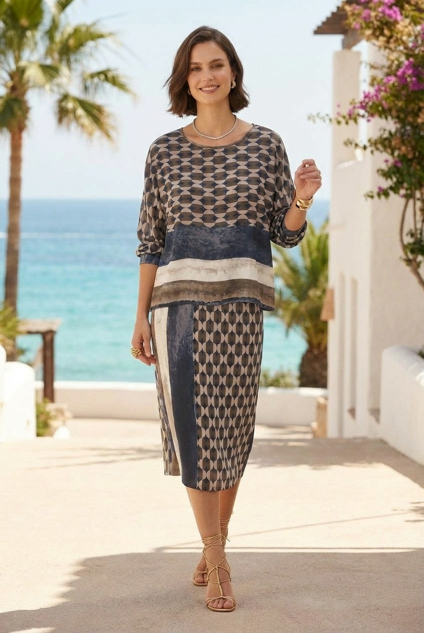 Abstract Print Blouse and Midi Skirt Set, Elegant Chic Style