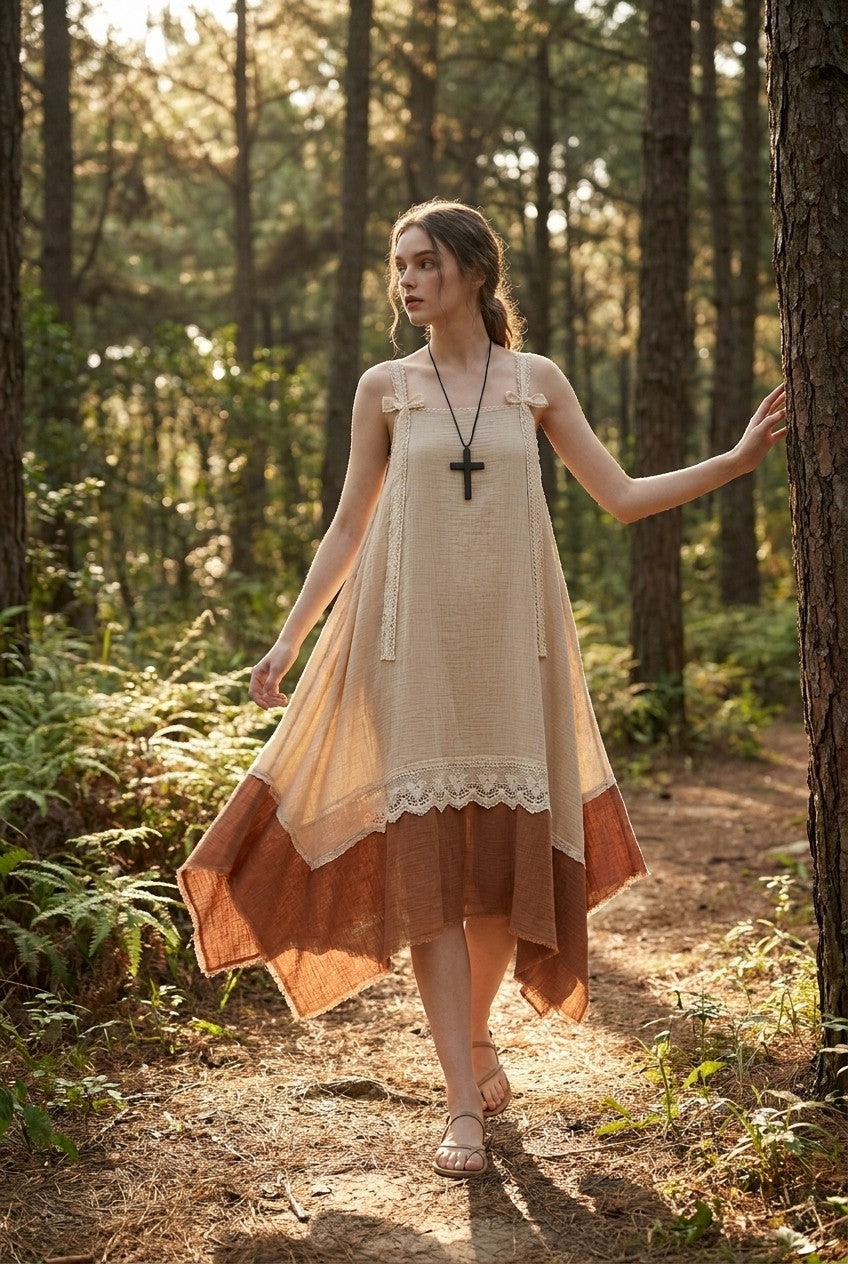 Boho Cotton Gauze Lace Maxi Dress