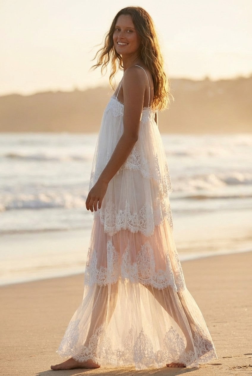 White Lace and Tulle Tiered Maxi Dress Scalloped Bridal Vibe