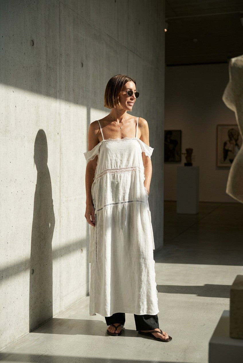 Lace-Inset Linen Maxi Dress