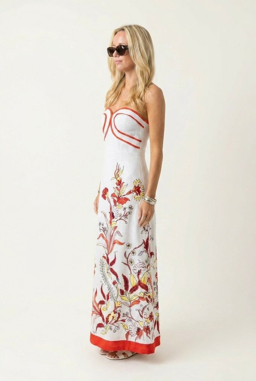 Floral Linen Strapless Maxi Dress