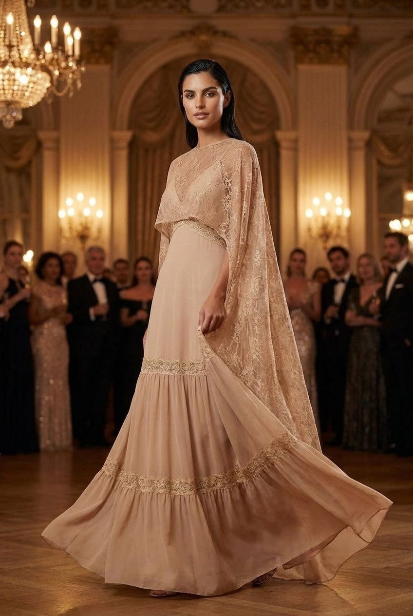 Floral Lace Cape Maxi Dress Flowing Tiered Formal Gown