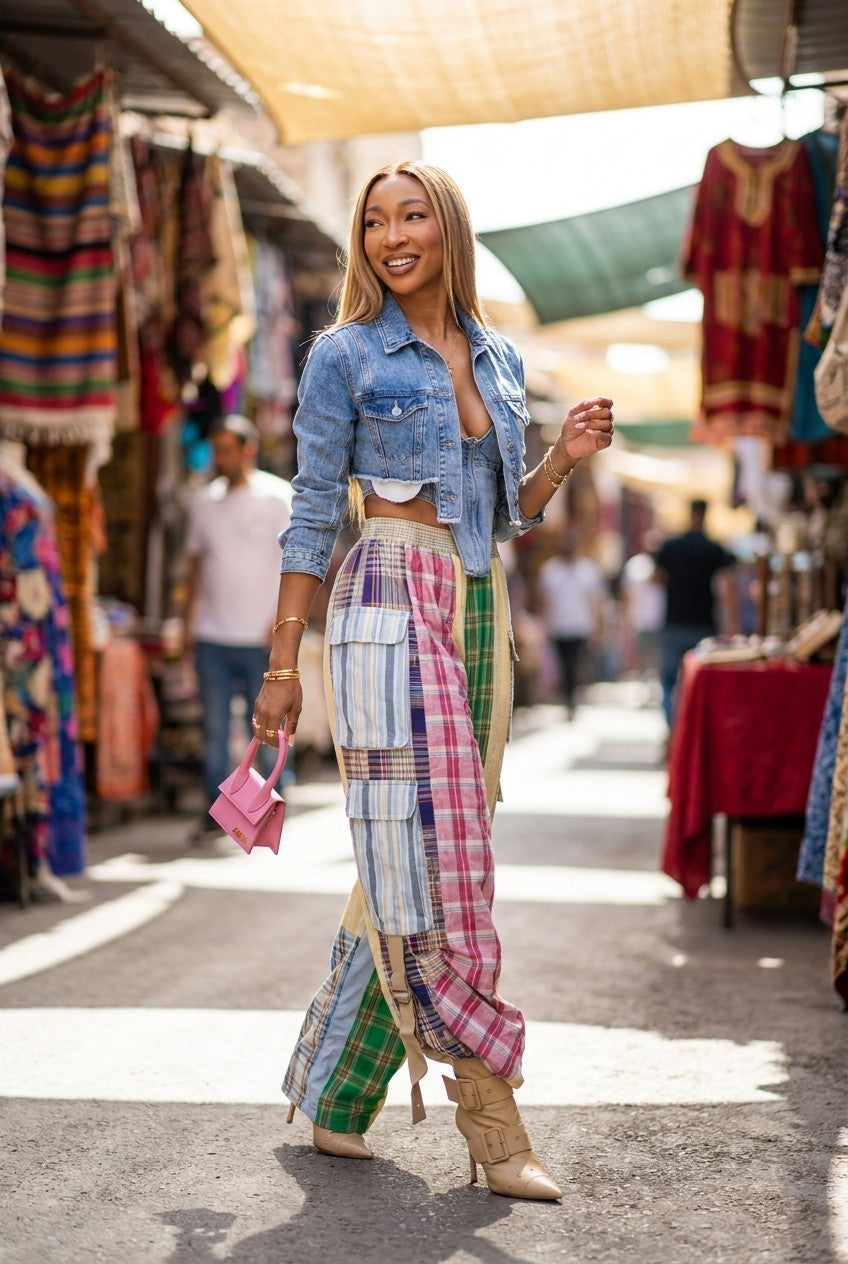 Plaid patchwork wide-leg pants