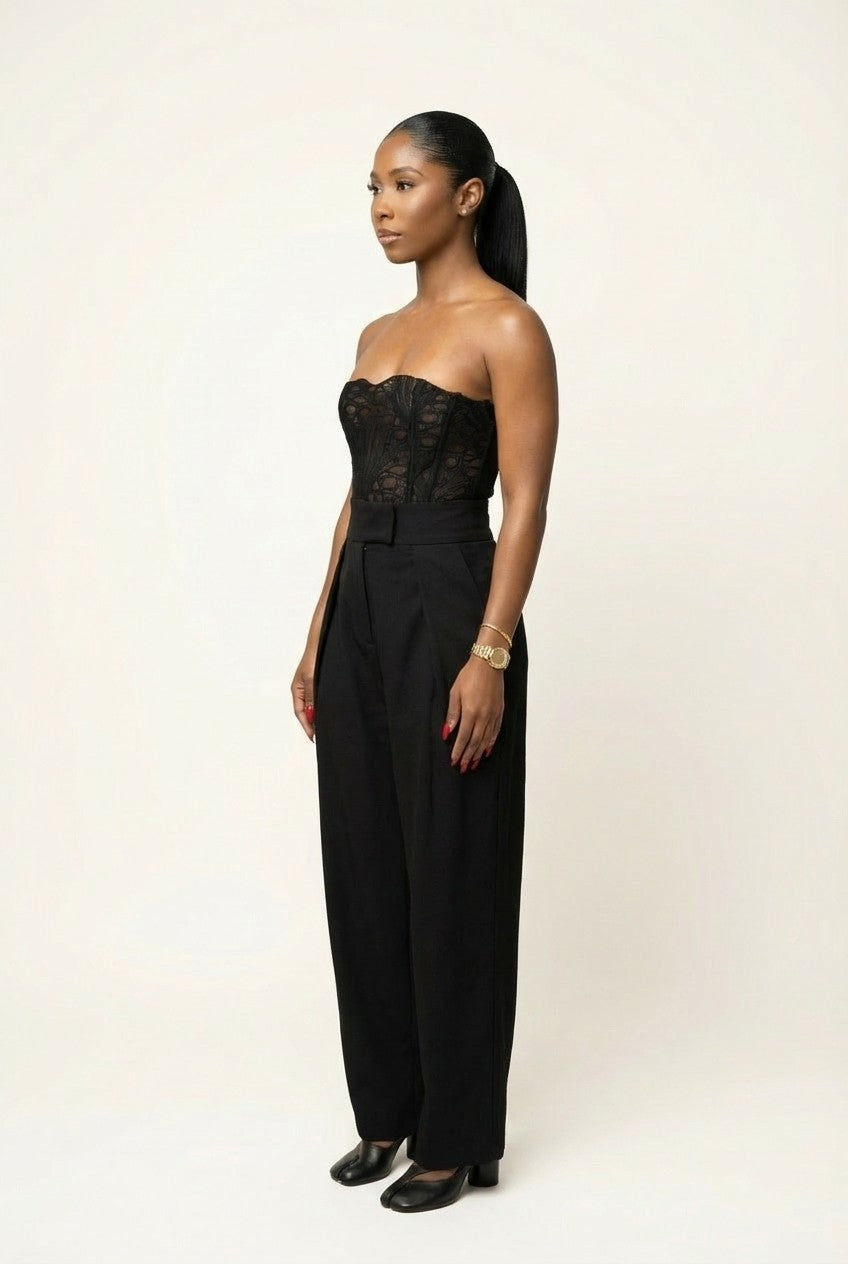 Lace Strapless Corset and High-Waisted Wide Leg Trousers Set