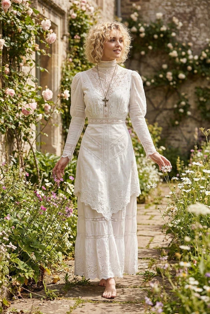 Women's Victorian Eyelet Lace Maxi Dress High Neck Romantic Vintage Style