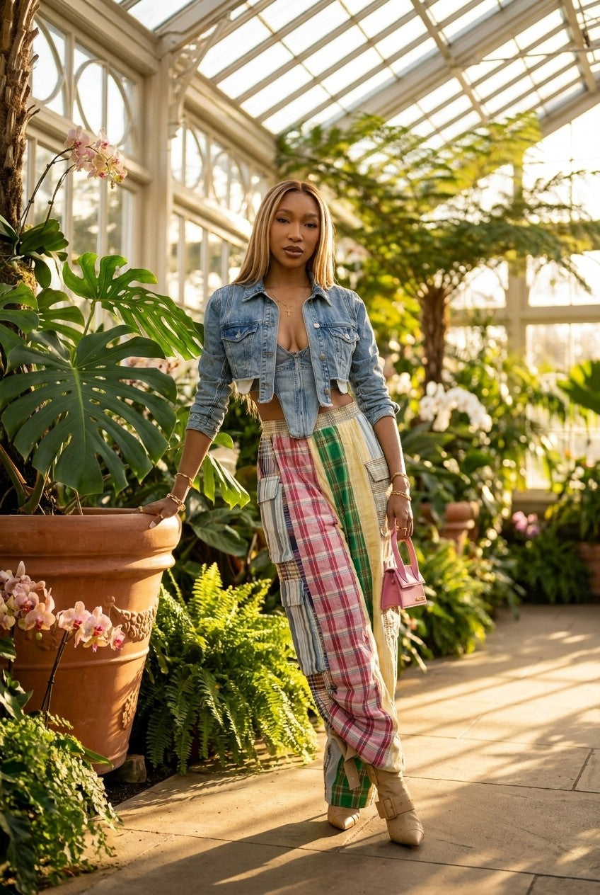 Plaid patchwork wide-leg pants