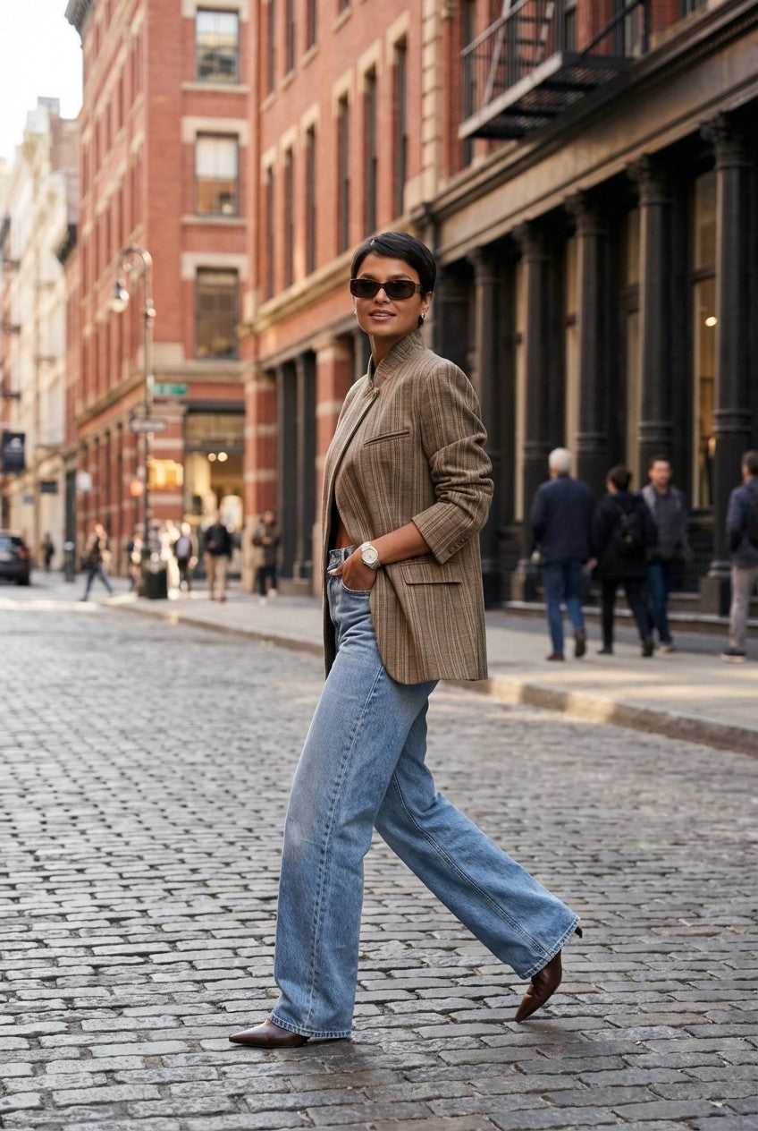 Textured Plaid Asymmetrical Blazer Stand Collar Tailored Jacket