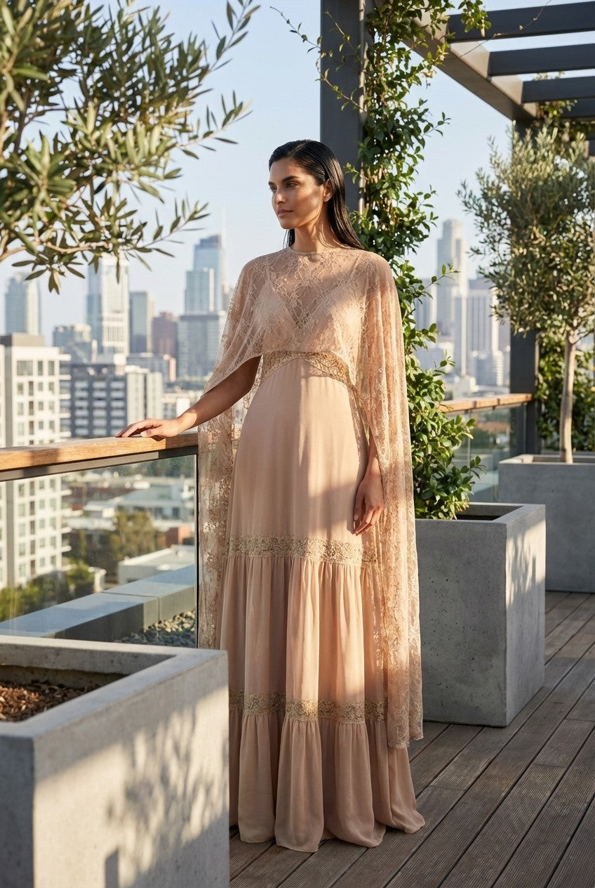 Floral Lace Cape Maxi Dress Flowing Tiered Formal Gown