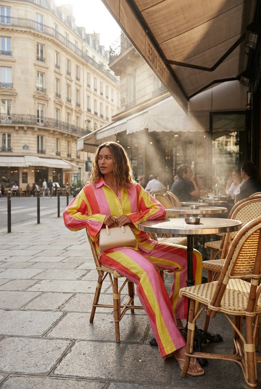 Striped Linen Shirt and Wide Leg Pants Set Relaxed Resort Wear