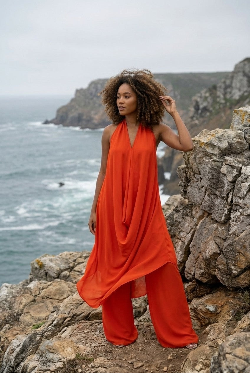 Draped Chiffon Halter Tunic and Wide Leg Pants Set, Resort Chic