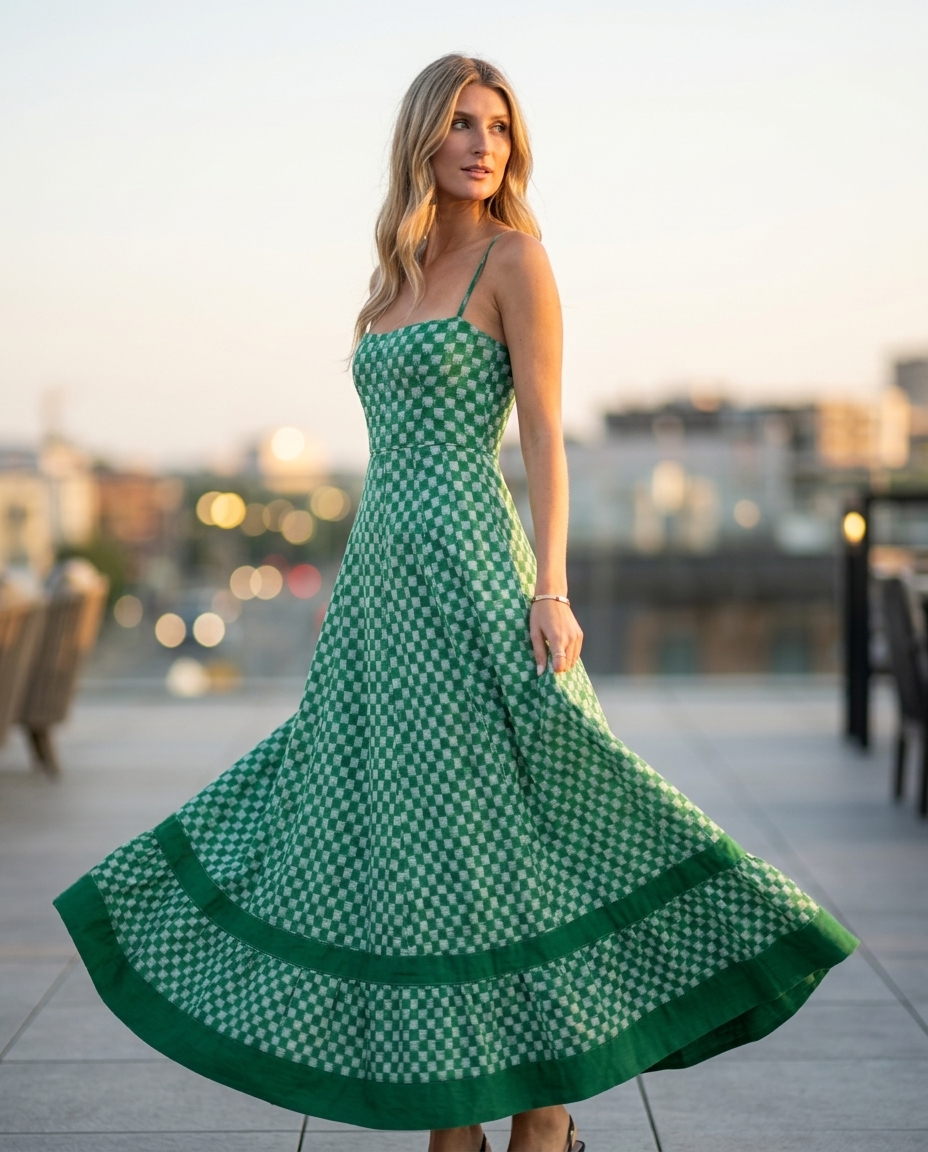 Coastal Check Print Strapless A-Line Dress