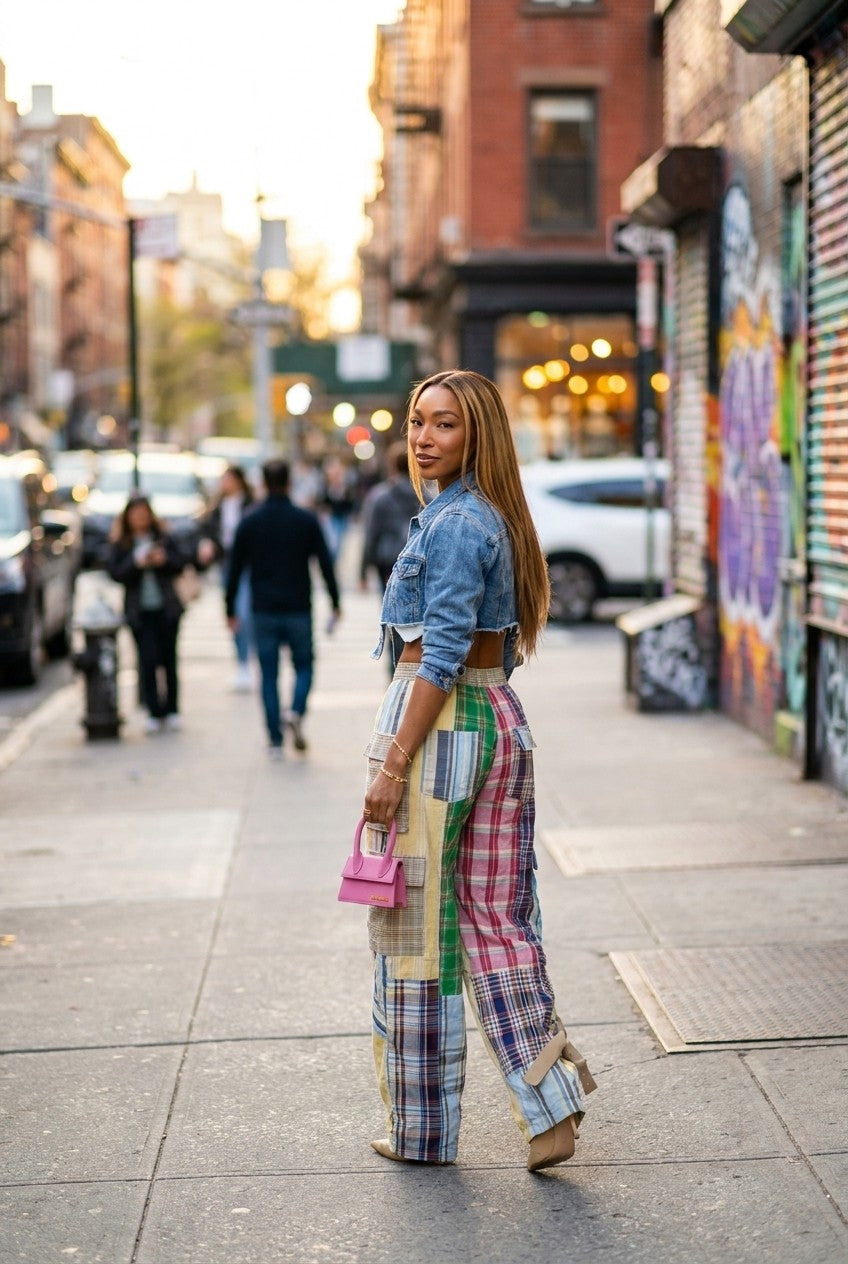 Plaid patchwork wide-leg pants