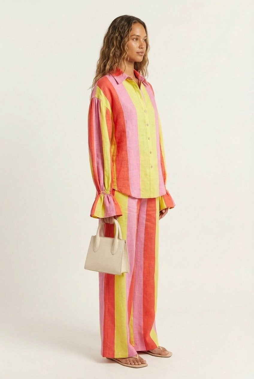 Striped Linen Shirt and Wide Leg Pants Set Relaxed Resort Wear
