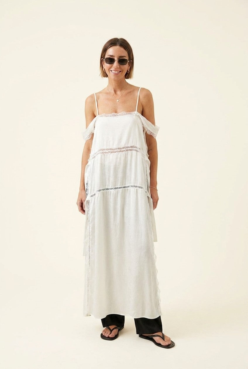 Lace-Inset Linen Maxi Dress