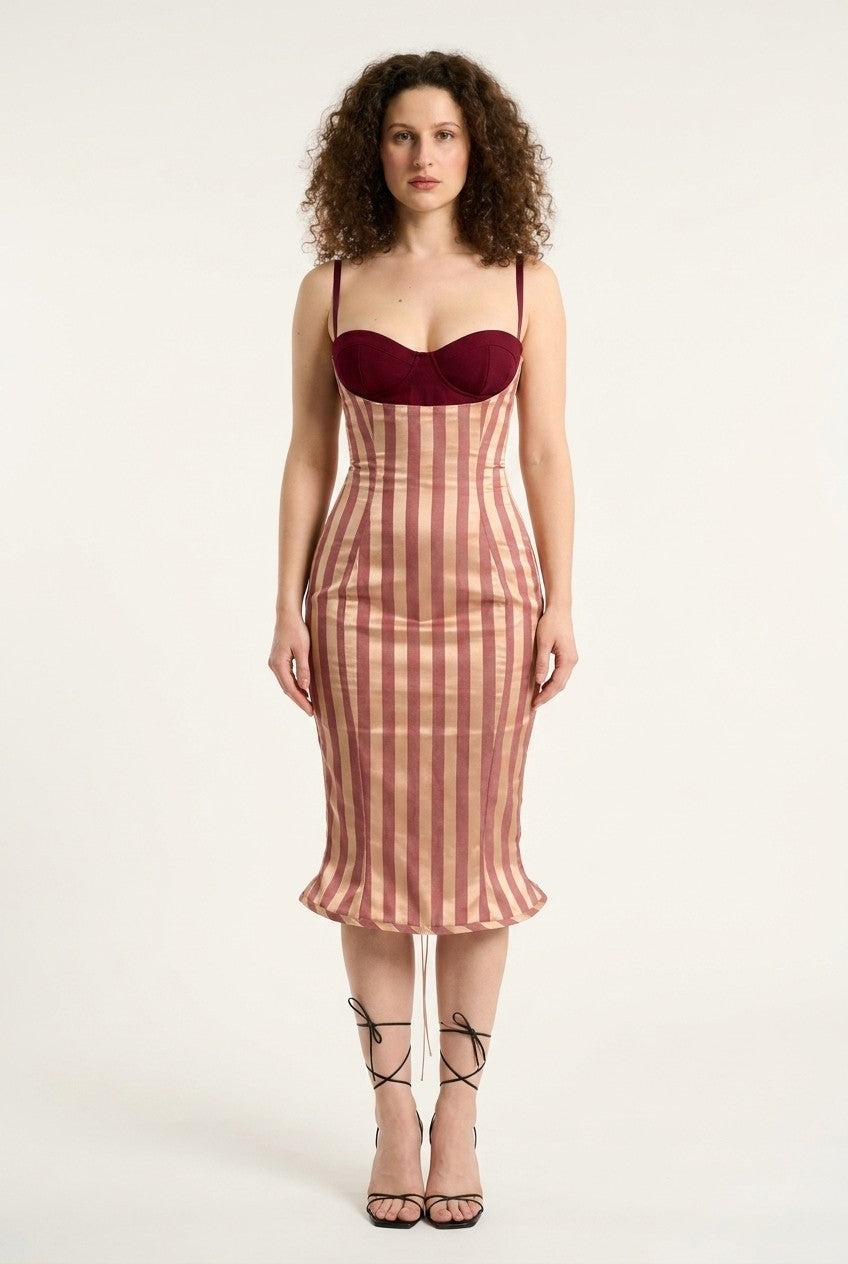 Striped Satin Midi Dress 