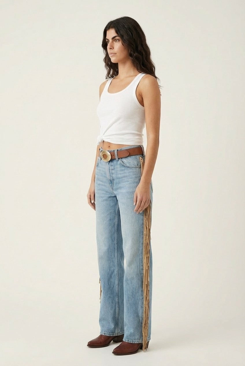 Light Wash Fringed Jeans Straight Leg Western Boho Style