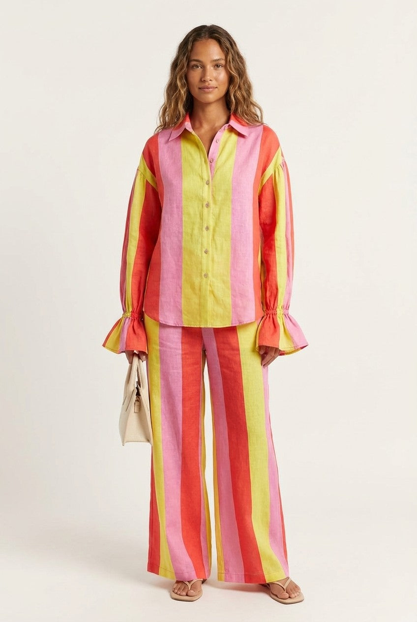 Striped Linen Shirt and Wide Leg Pants Set Relaxed Resort Wear
