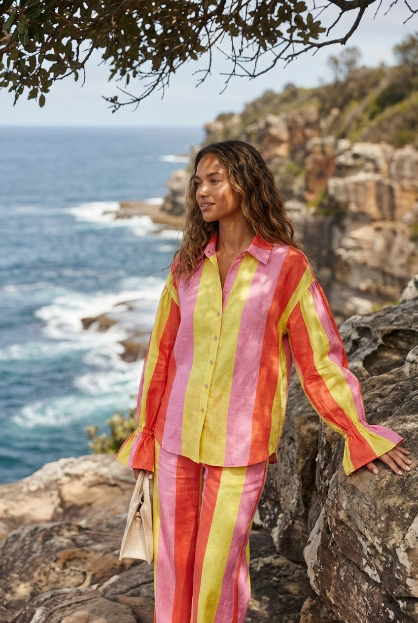 Striped Linen Shirt and Wide Leg Pants Set Relaxed Resort Wear