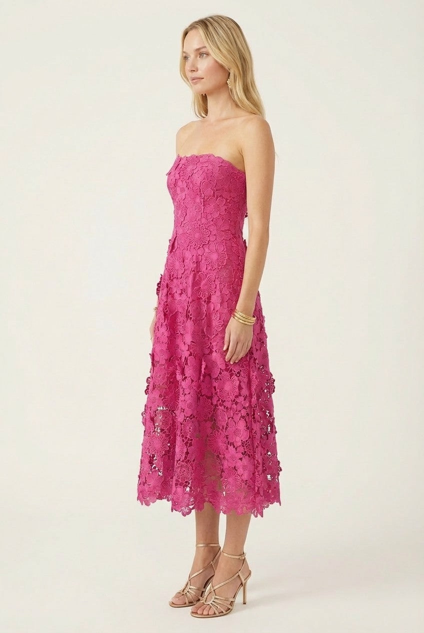 3D Floral Lace Strapless Midi Dress, Elegant A-Line Evening Style
