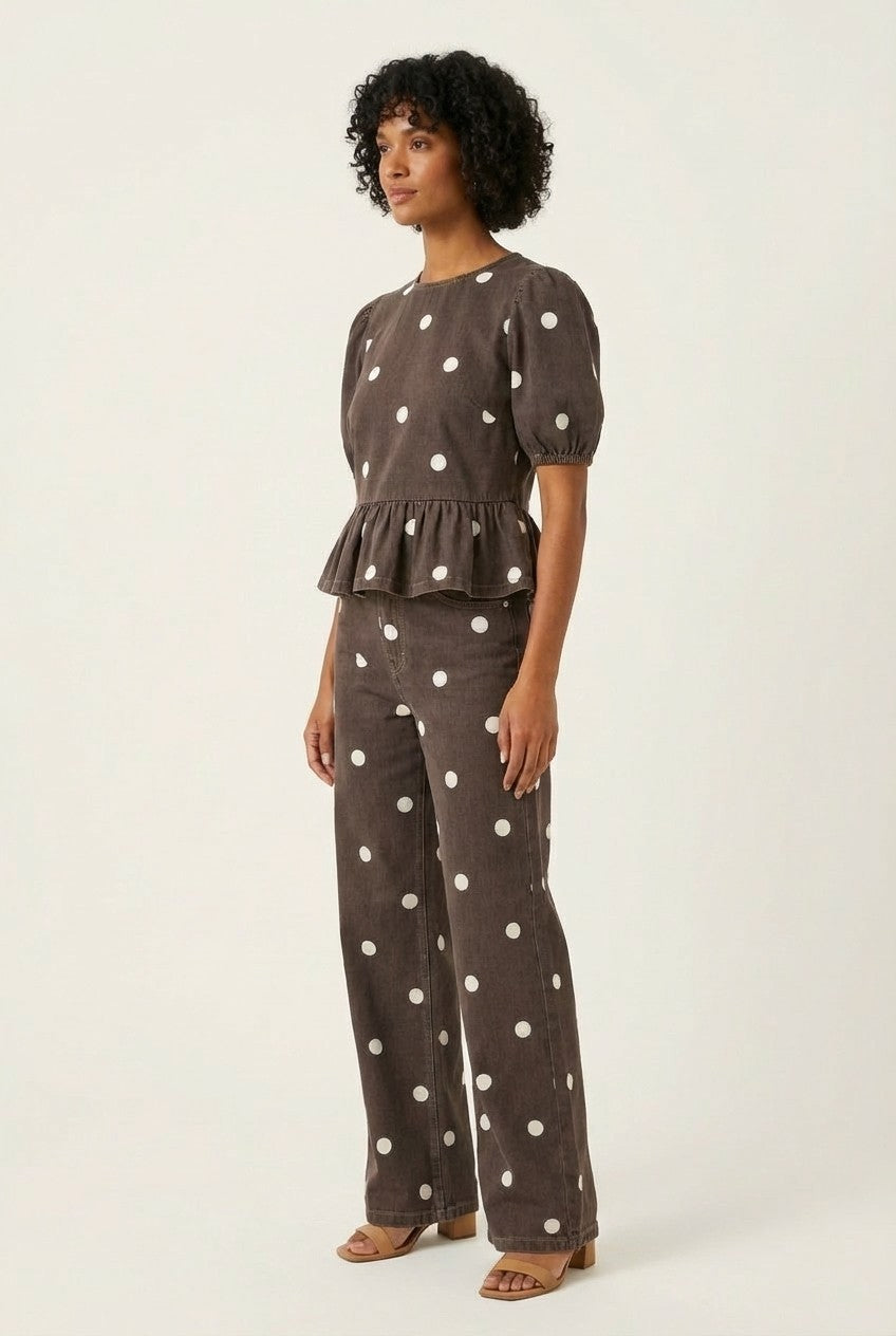 Women's Polka Dot Peplum Blouse and Wide Leg Pants Set