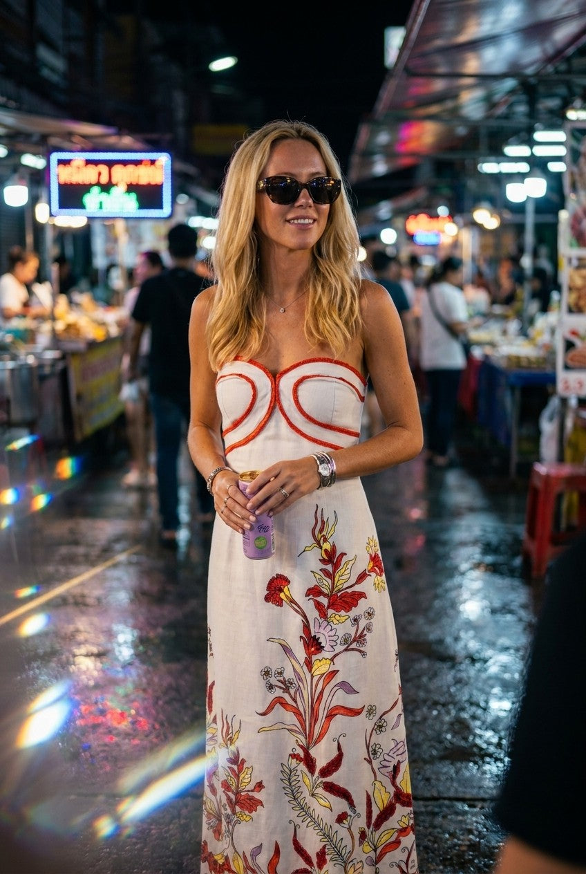 Floral Linen Strapless Maxi Dress