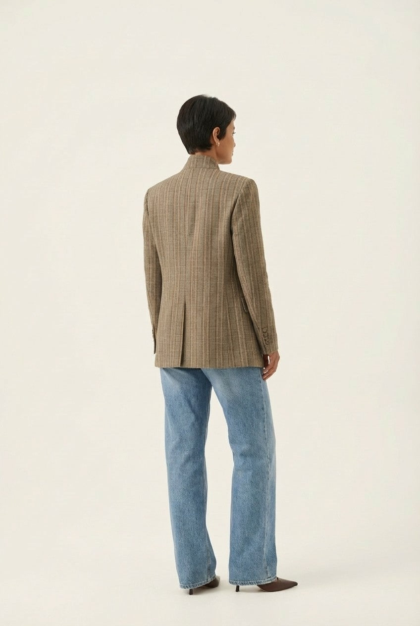 Textured Plaid Asymmetrical Blazer Stand Collar Tailored Jacket