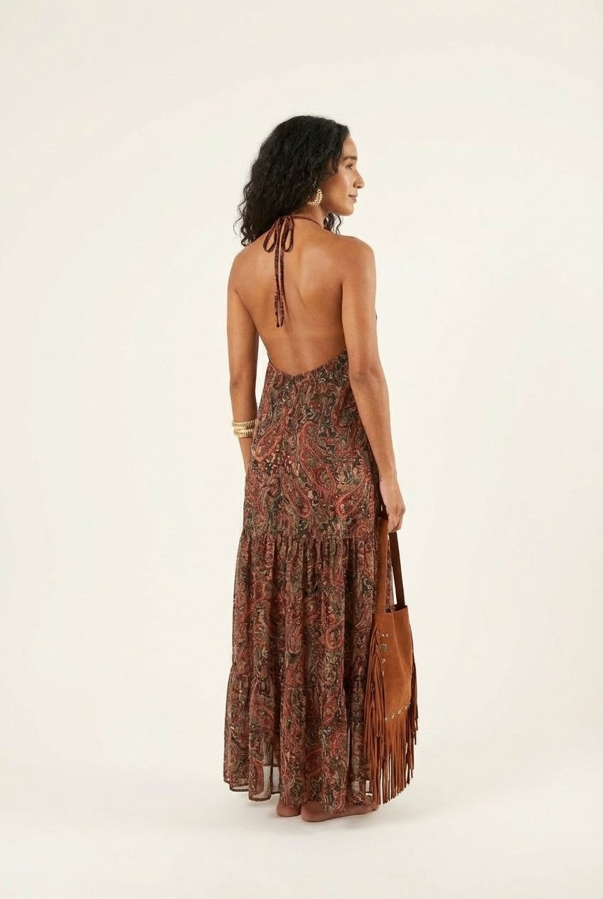 Paisley Halter Maxi Dress With Ruffle Detail Boho Resort Style