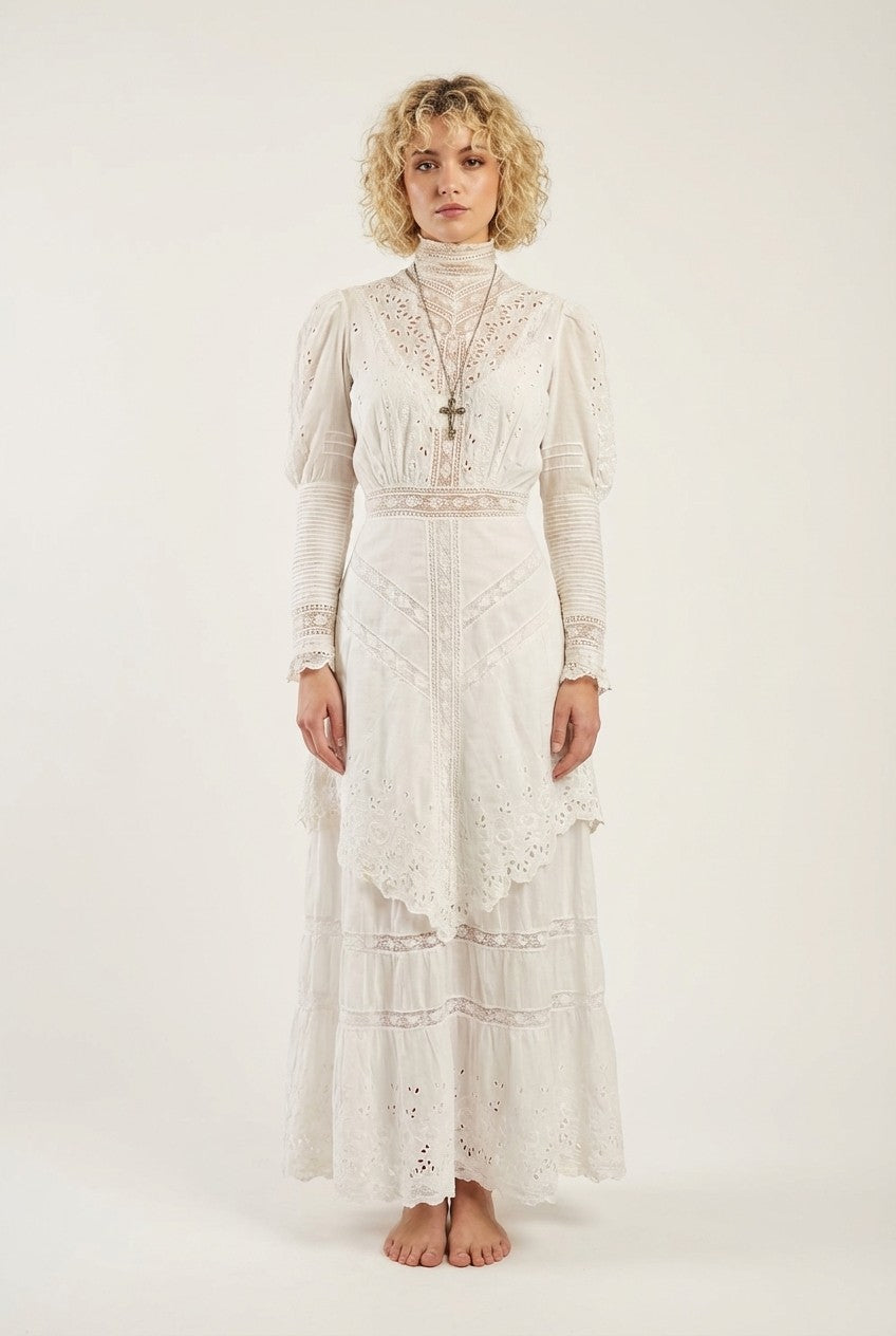 Women's Victorian Eyelet Lace Maxi Dress High Neck Romantic Vintage Style