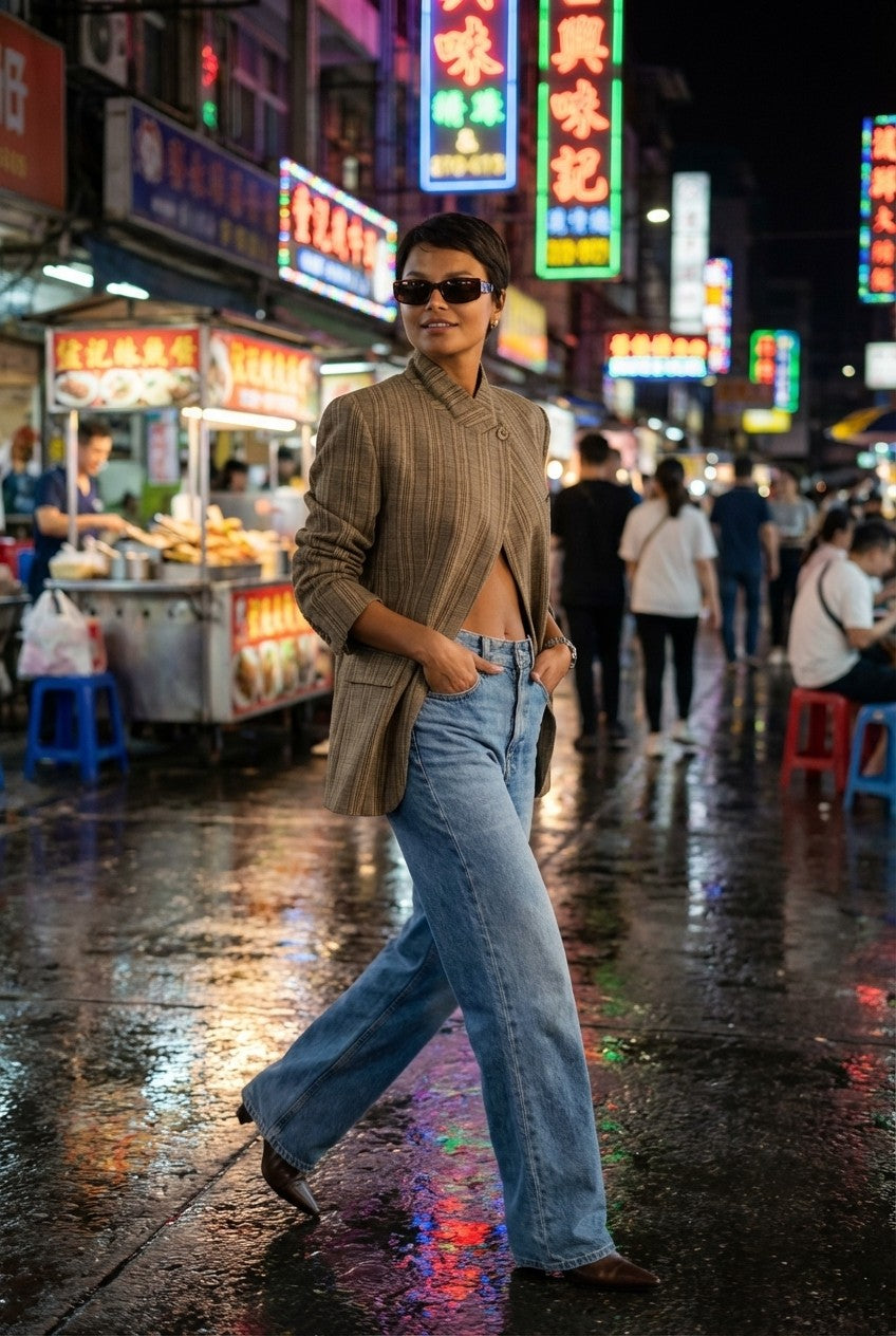 Textured Plaid Asymmetrical Blazer Stand Collar Tailored Jacket