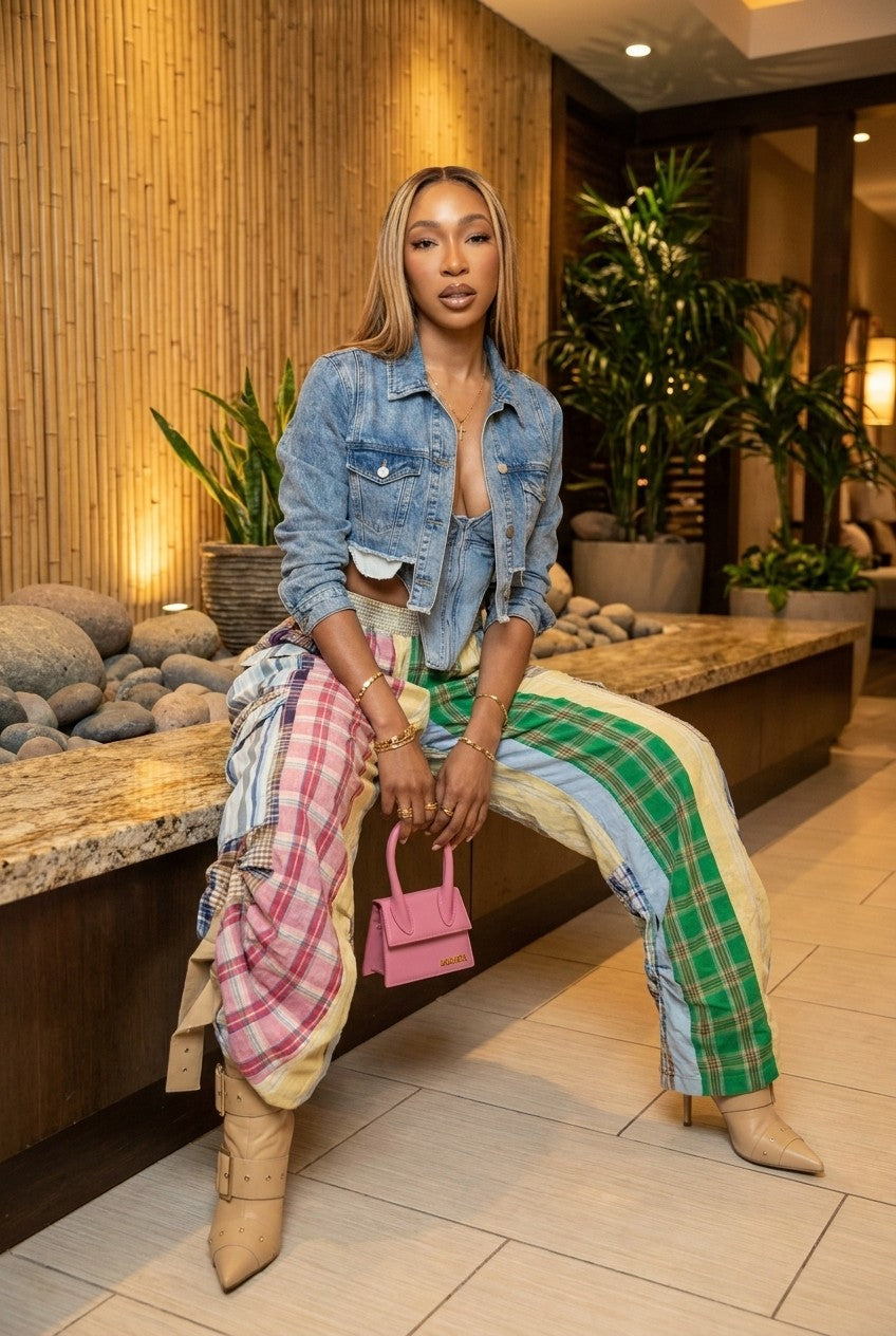 Plaid patchwork wide-leg pants