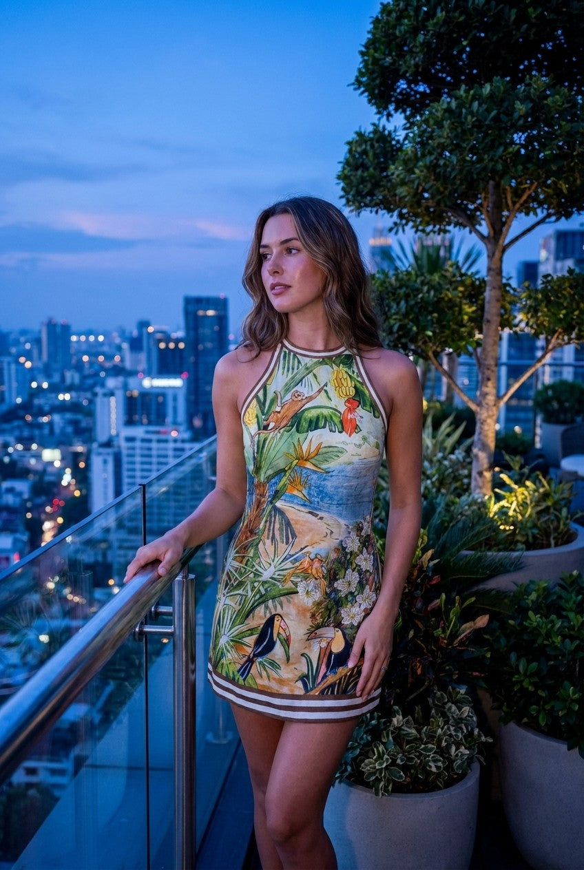 Women's Vintage Jungle Print Halter Mini Dress Slim Fit Summer Vacation