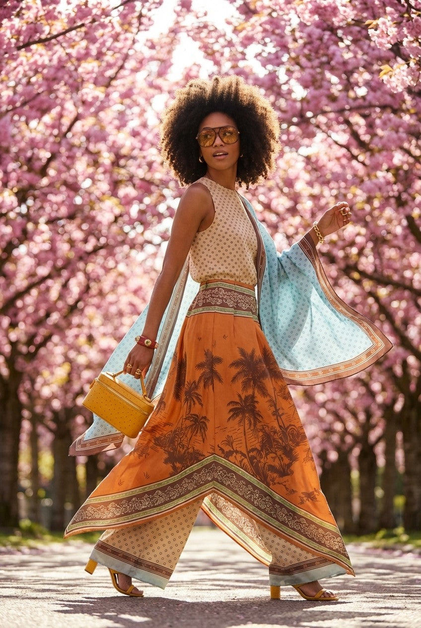 Polka Dot Blouse and Tropical Wide Leg Pants Resort Set