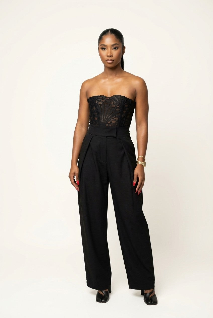 Lace Strapless Corset and High-Waisted Wide Leg Trousers Set