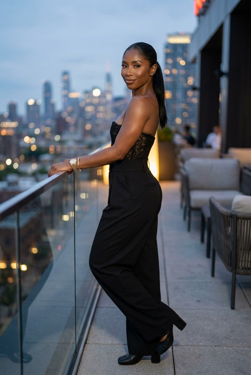 Lace Strapless Corset and High-Waisted Wide Leg Trousers Set