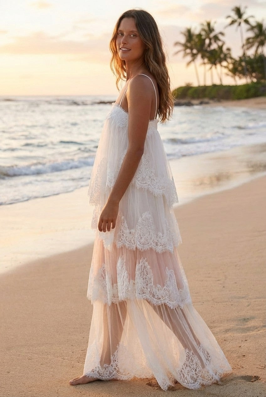 White Lace and Tulle Tiered Maxi Dress Scalloped Bridal Vibe