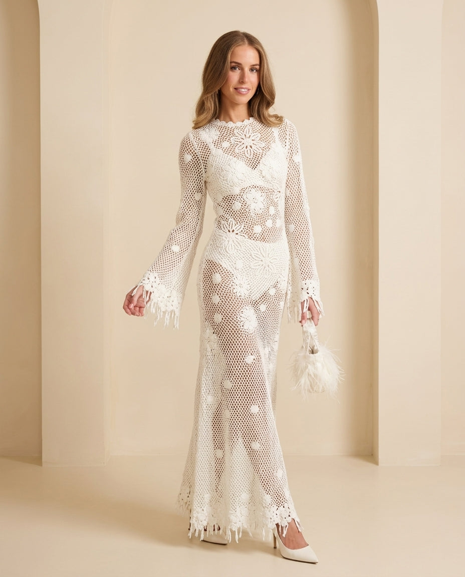Ivory Eyelet V-Neck Maxi Dress "Aurelia" Ivory Maxi Dress with Relaxed Fit silhouette and Textured texture, front view product image for Resort Wear, a rooftop dinner in LA, US Coastal Glam