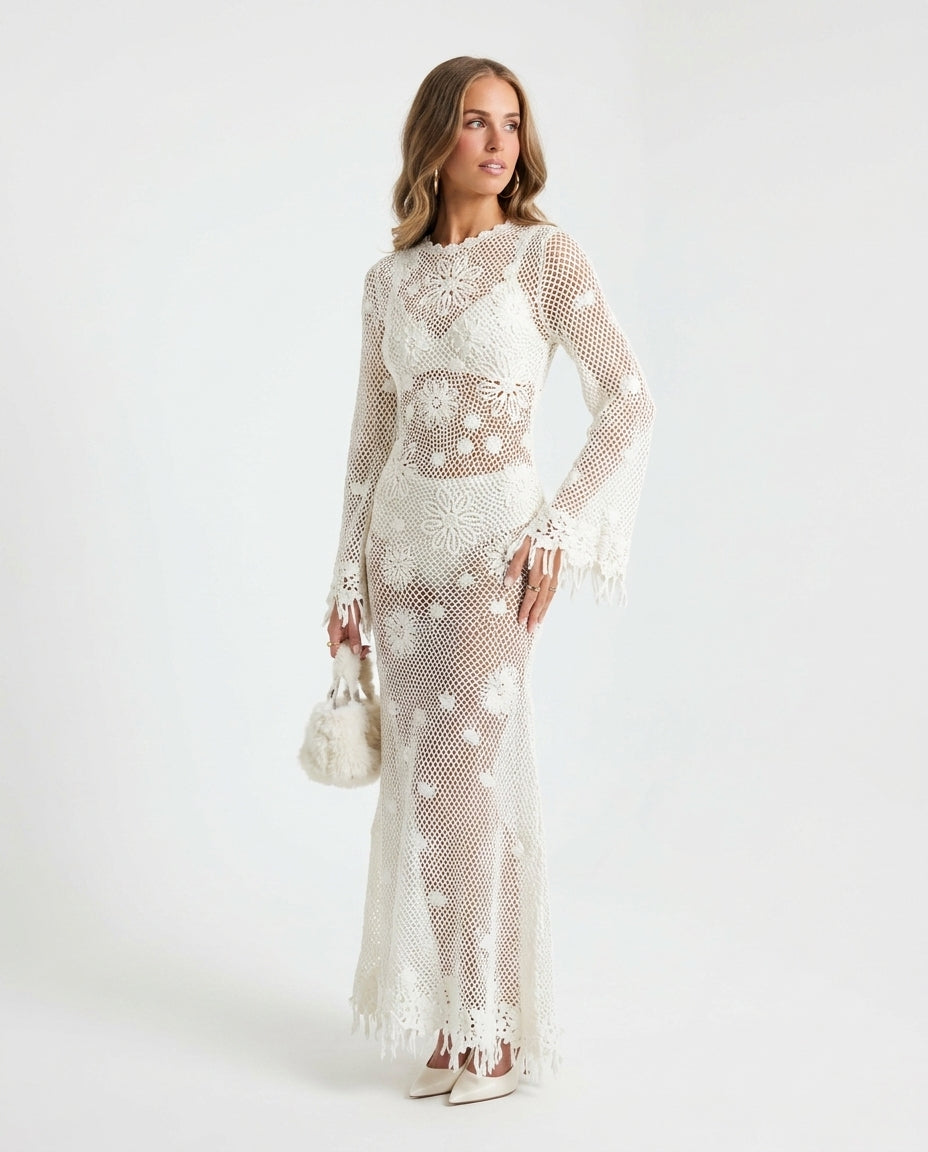 Ivory Eyelet V-Neck Maxi Dress "Aurelia" Ivory Maxi Dress with Relaxed Fit silhouette and Textured texture, clean studio product view for Resort Wear, a rooftop dinner in LA, US Coastal Glam