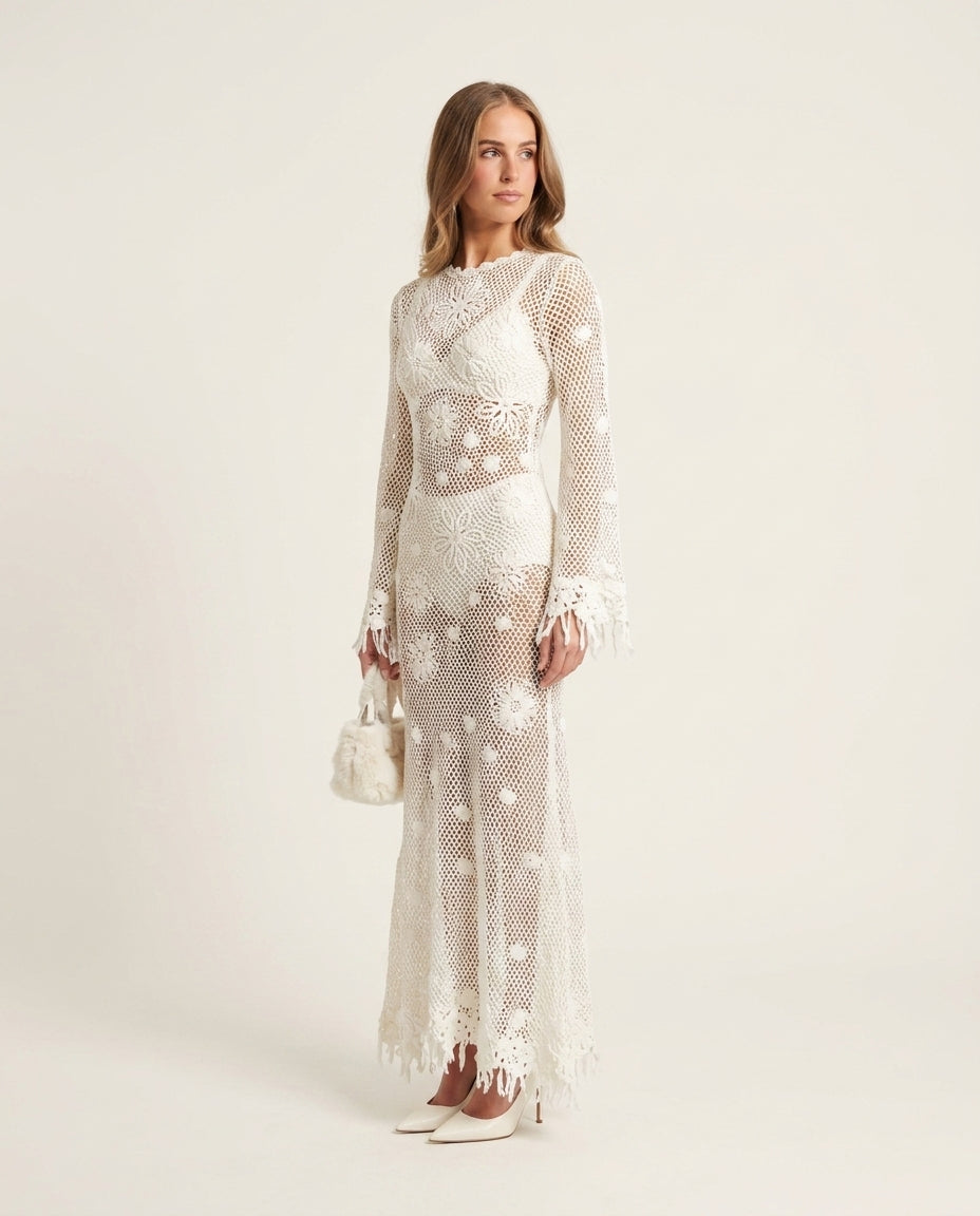 Ivory Eyelet V-Neck Maxi Dress "Aurelia" Ivory Maxi Dress with Relaxed Fit silhouette and Textured texture, side or back garment view for Resort Wear, a rooftop dinner in LA, US Coastal Glam