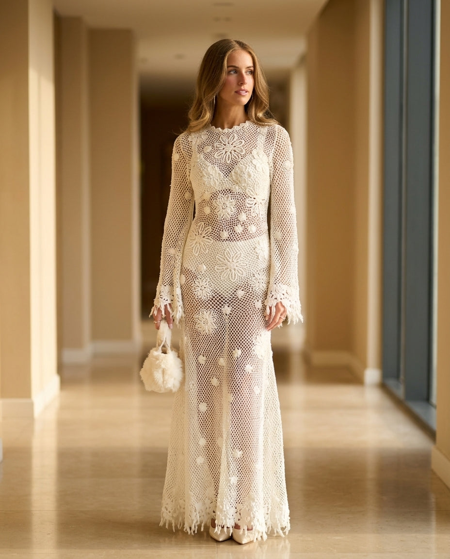 Ivory Eyelet V-Neck Maxi Dress "Aurelia" Ivory Maxi Dress with Relaxed Fit silhouette and Textured texture, editorial ecommerce scene for Resort Wear, a rooftop dinner in LA, US Coastal Glam