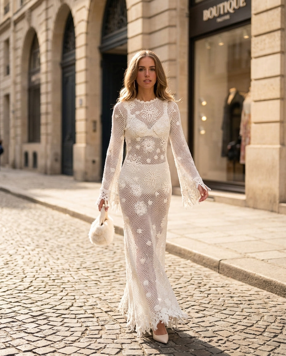 Ivory Eyelet V-Neck Maxi Dress "Aurelia" Ivory Maxi Dress with Relaxed Fit silhouette and Textured texture, fabric and construction detail for Resort Wear, a rooftop dinner in LA, US Coastal Glam