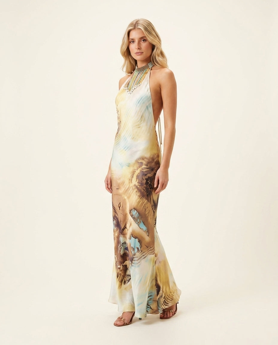 Sand Eyelet Halter Maxi Dress "Bianca" Sand Maxi Dress with Relaxed Fit silhouette and Satin texture, clean studio product view for Resort Wear, a private garden lunch, US East / Hamptons Elite