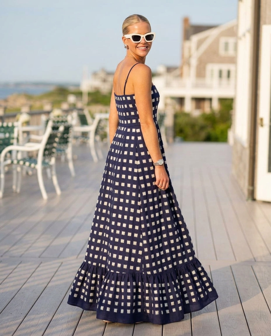 Navy Eyelet V-Neck Maxi Dress "Serena" Navy Maxi Dress with Relaxed Fit silhouette and Textured texture, front view product image for Resort Wear, a polished coastal brunch, US East / Hamptons Elite