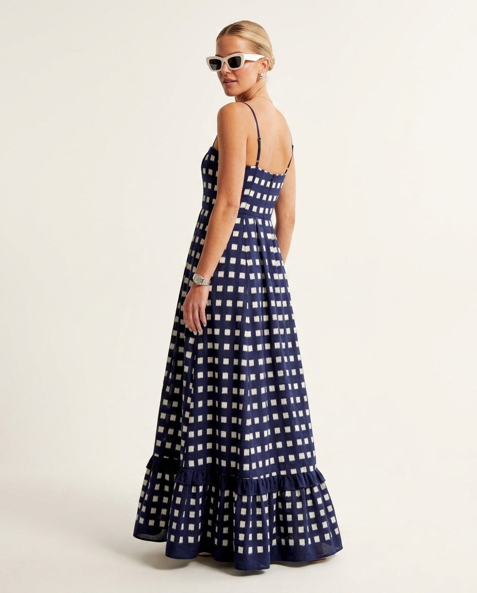 Navy Eyelet V-Neck Maxi Dress "Serena" Navy Maxi Dress with Relaxed Fit silhouette and Textured texture, clean studio product view for Resort Wear, a polished coastal brunch, US East / Hamptons Elite