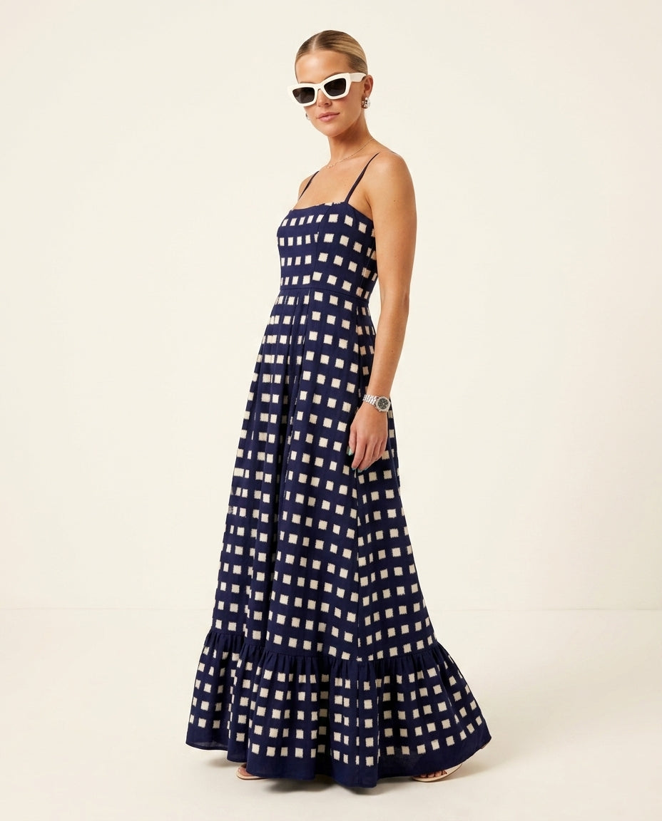 Navy Eyelet V-Neck Maxi Dress "Serena" Navy Maxi Dress with Relaxed Fit silhouette and Textured texture, side or back garment view for Resort Wear, a polished coastal brunch, US East / Hamptons Elite