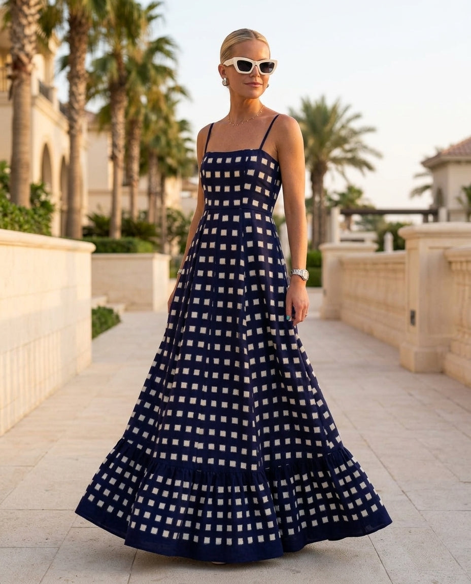 Navy Eyelet V-Neck Maxi Dress "Serena" Navy Maxi Dress with Relaxed Fit silhouette and Textured texture, lifestyle scene image for Resort Wear, a polished coastal brunch, US East / Hamptons Elite