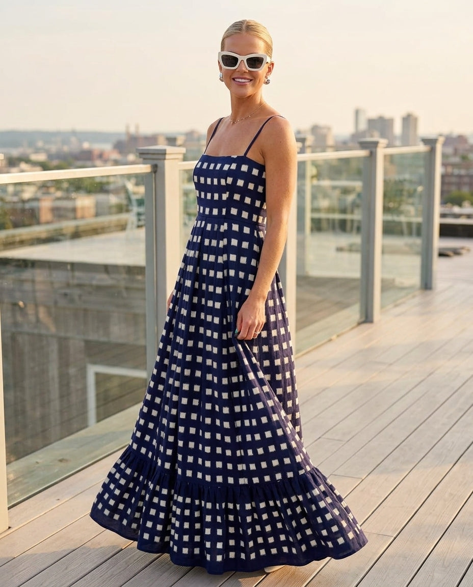 Navy Eyelet V-Neck Maxi Dress "Serena" Navy Maxi Dress with Relaxed Fit silhouette and Textured texture, outdoor styling image for Resort Wear, a polished coastal brunch, US East / Hamptons Elite