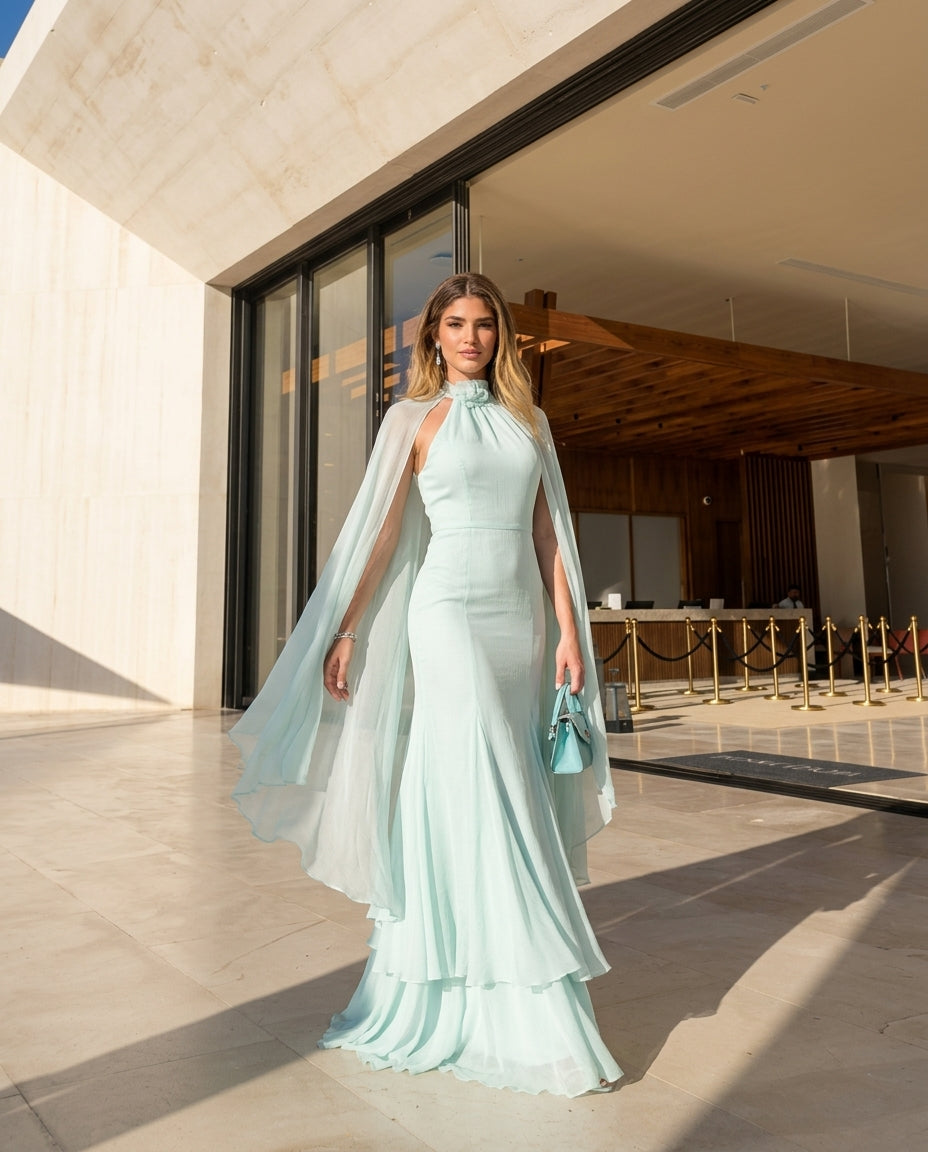 Mint Eyelet V-Neck Maxi Dress "Margot" Mint Maxi Dress with Relaxed Fit silhouette and Textured texture, front view product image for Date Night, a gallery opening in Paris, Euro Chic Premium